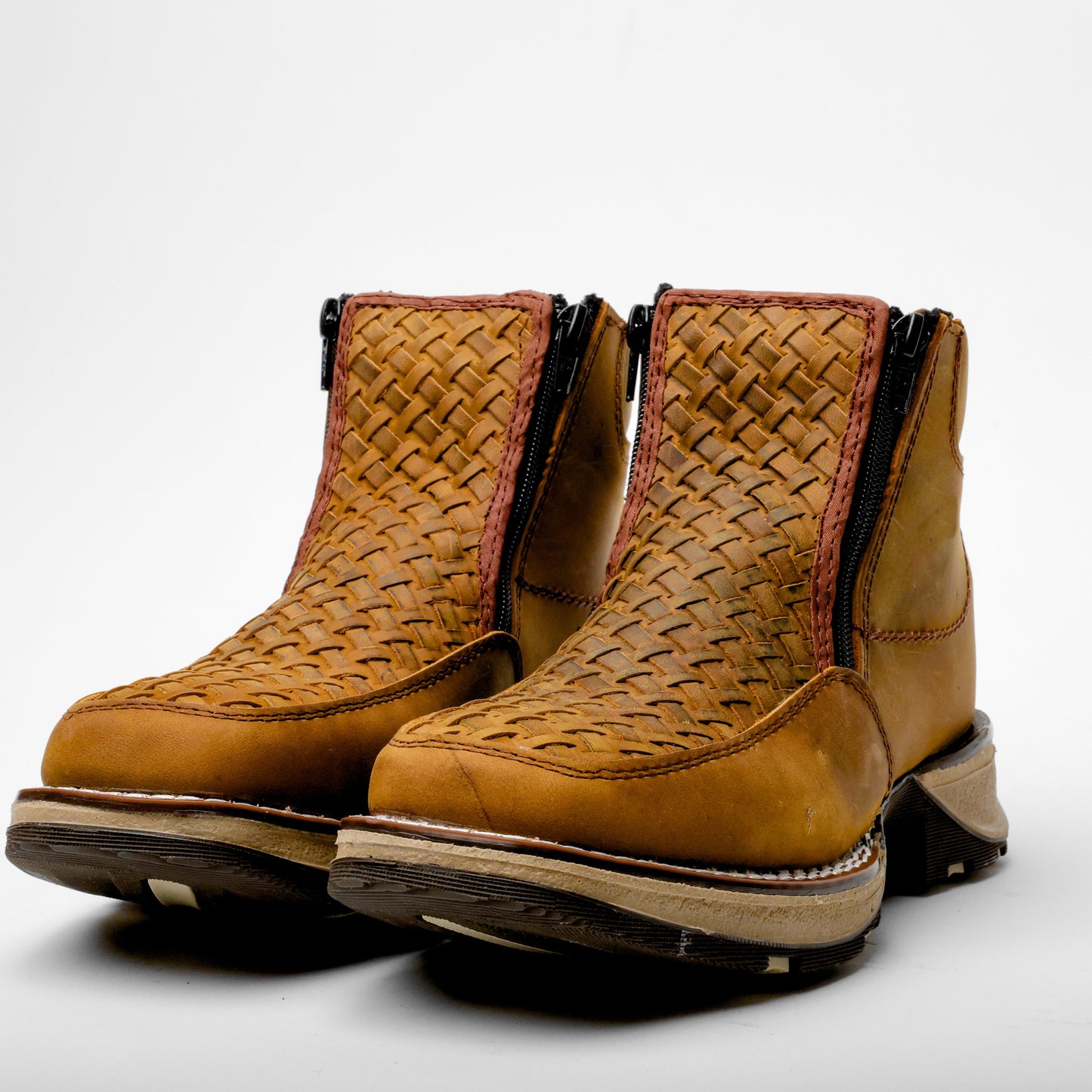 Dusty Honey Basketweave Leather Botin With 3D Lightweight Soles - Square Toe