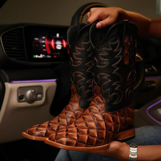 Men’s Cognac Pirarucu Leather Boots - Square Toe