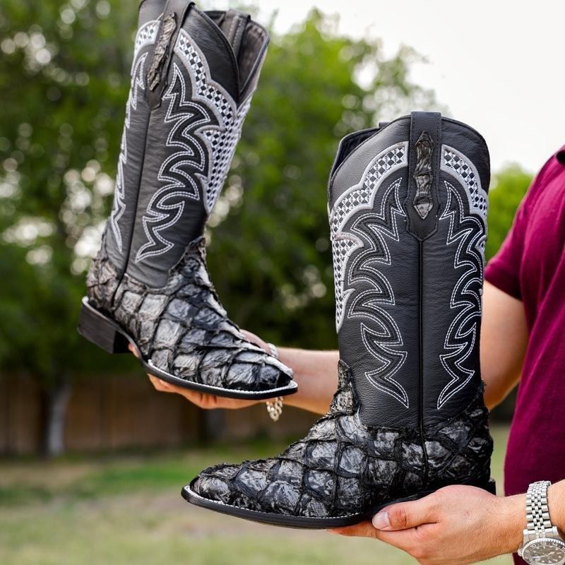 Grey Jumbo Pirarucu Leather Boots - Square Toe
