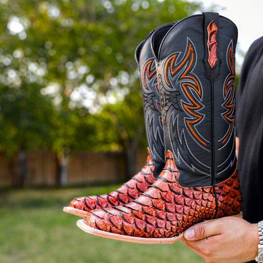 Cognac Python Leather Boots - Square Toe