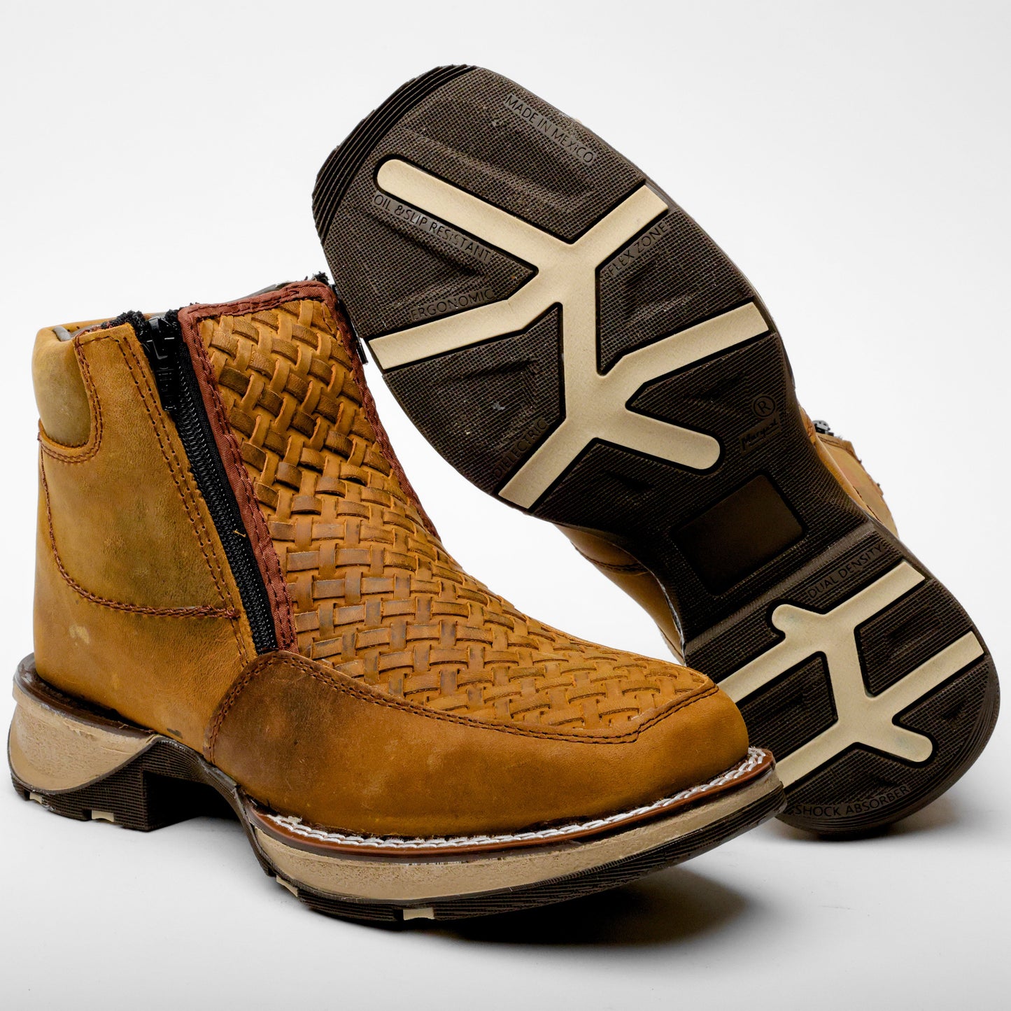 Dusty Honey Basketweave Leather Botin With 3D Lightweight Soles - Square Toe