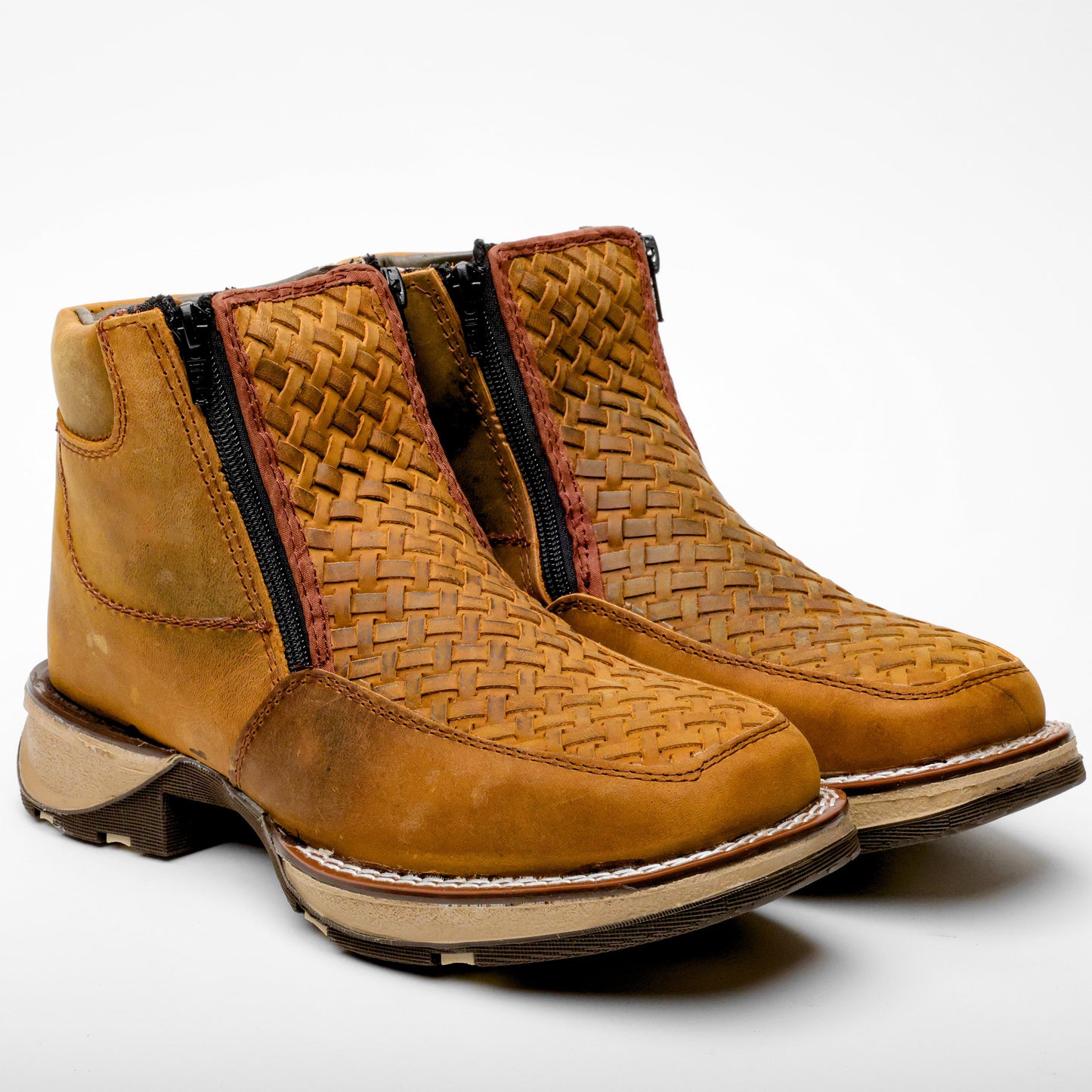 Dusty Honey Basketweave Leather Botin With 3D Lightweight Soles - Square Toe