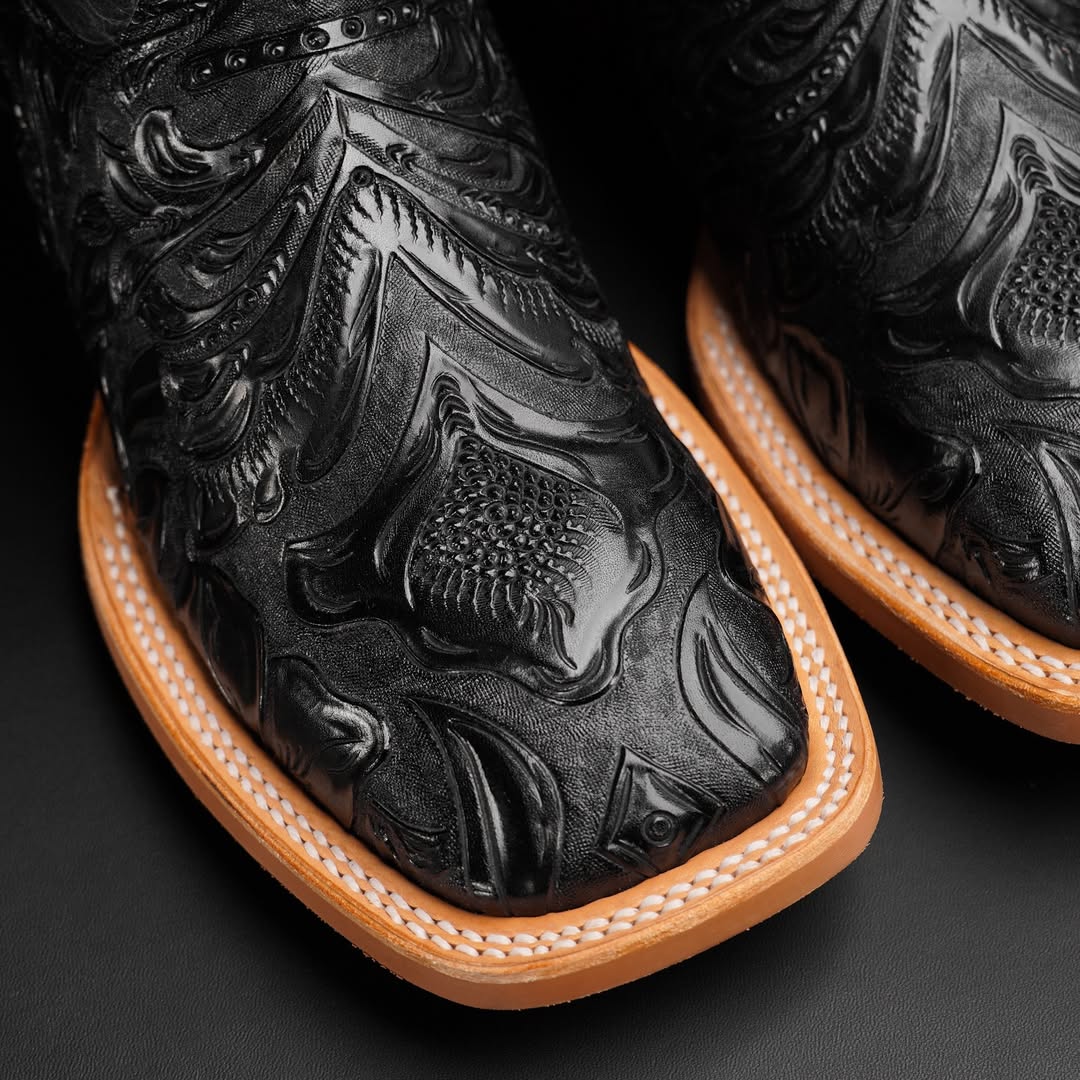 Black Hand-Tooled Leather Boots With 3D Lightweight Sole