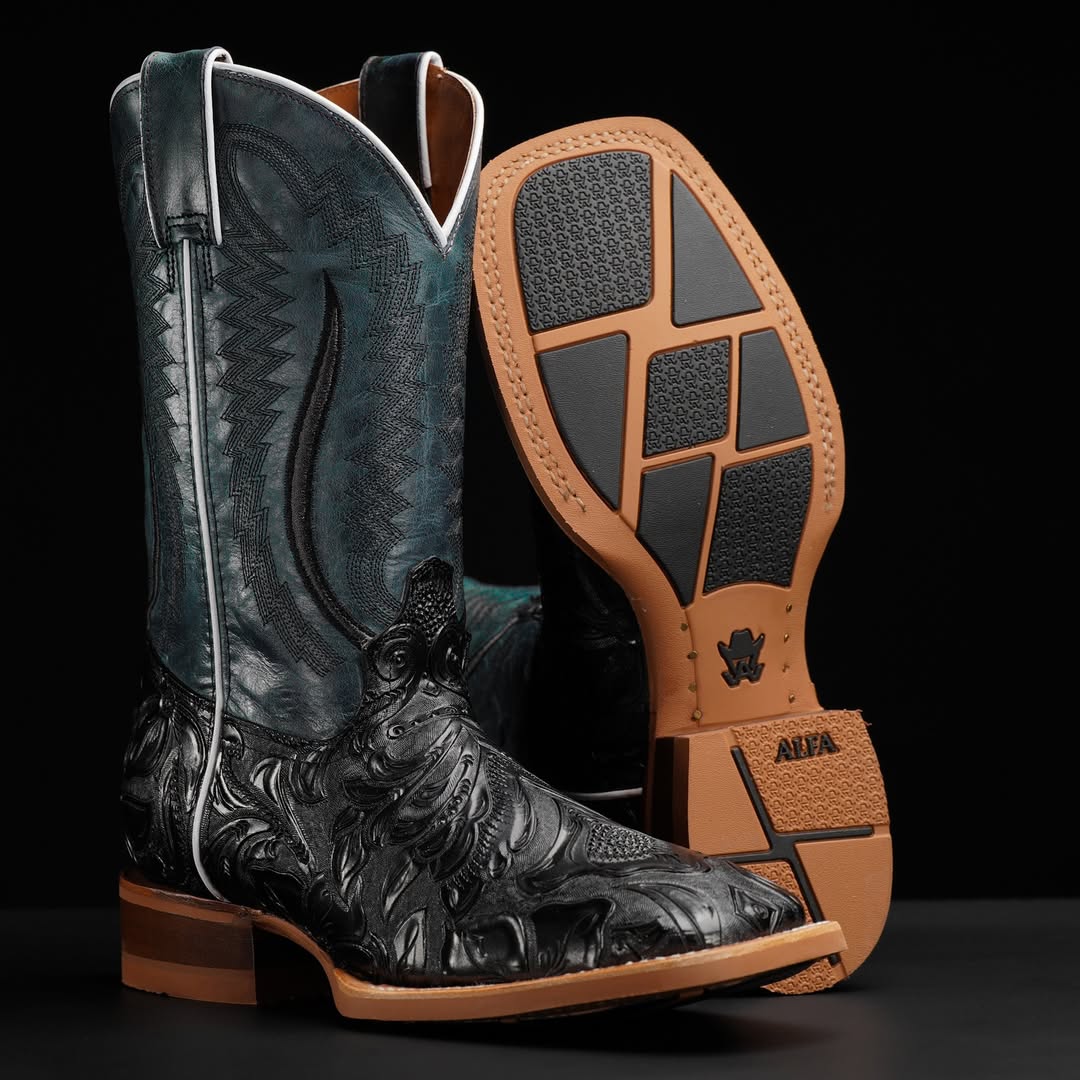Black Hand-Tooled Leather Boots With 3D Lightweight Sole