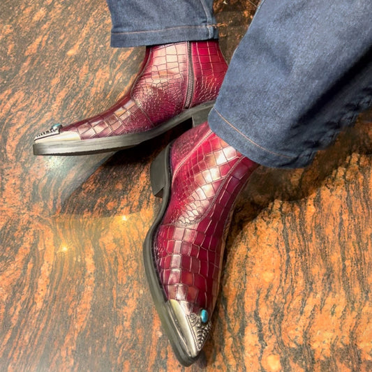 Men's Crocodile Leather Pointed Toe Ankle Boots