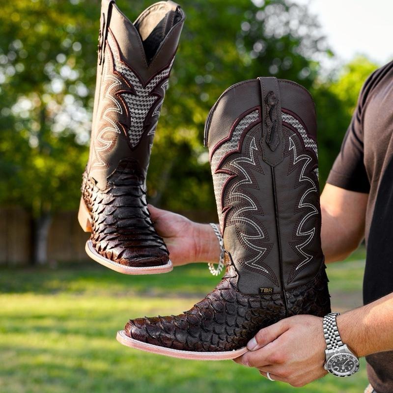 Chocolate Brown Python Leather Boots - Square Toe
