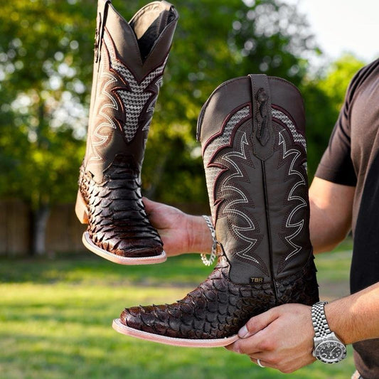 Chocolate Brown Python Leather Boots - Square Toe