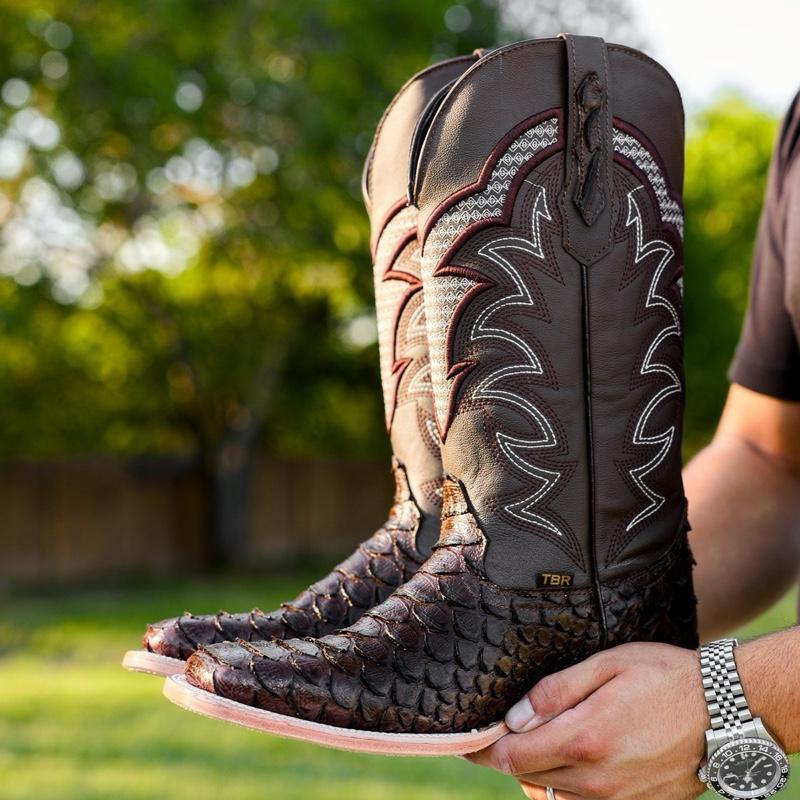 Chocolate Brown Python Leather Boots - Square Toe