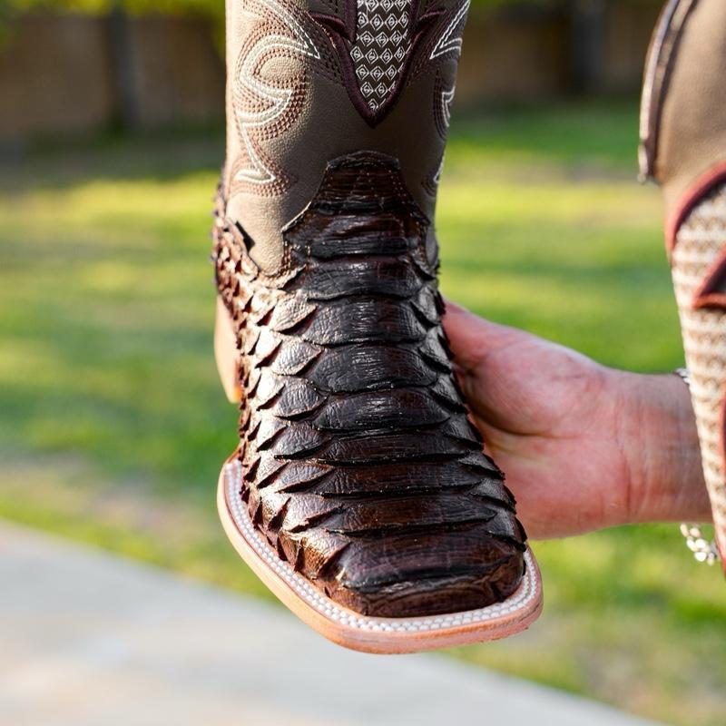 Chocolate Brown Python Leather Boots - Square Toe