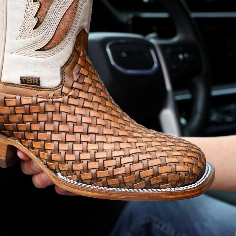 Men’s Light Brown Woven Leather Boots – Square Toe