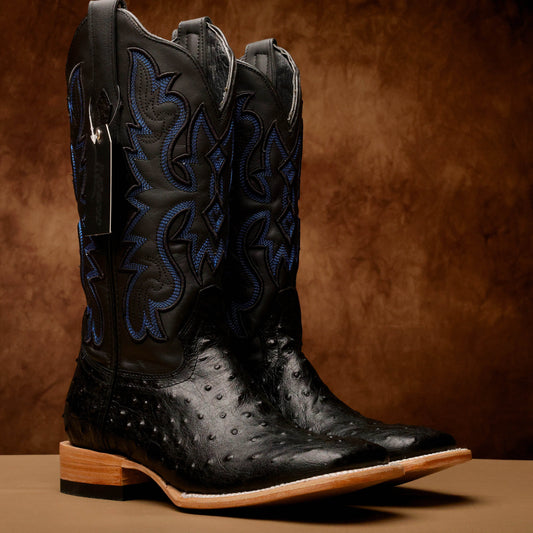 Black Ostrich Leather Boots - Square Toe