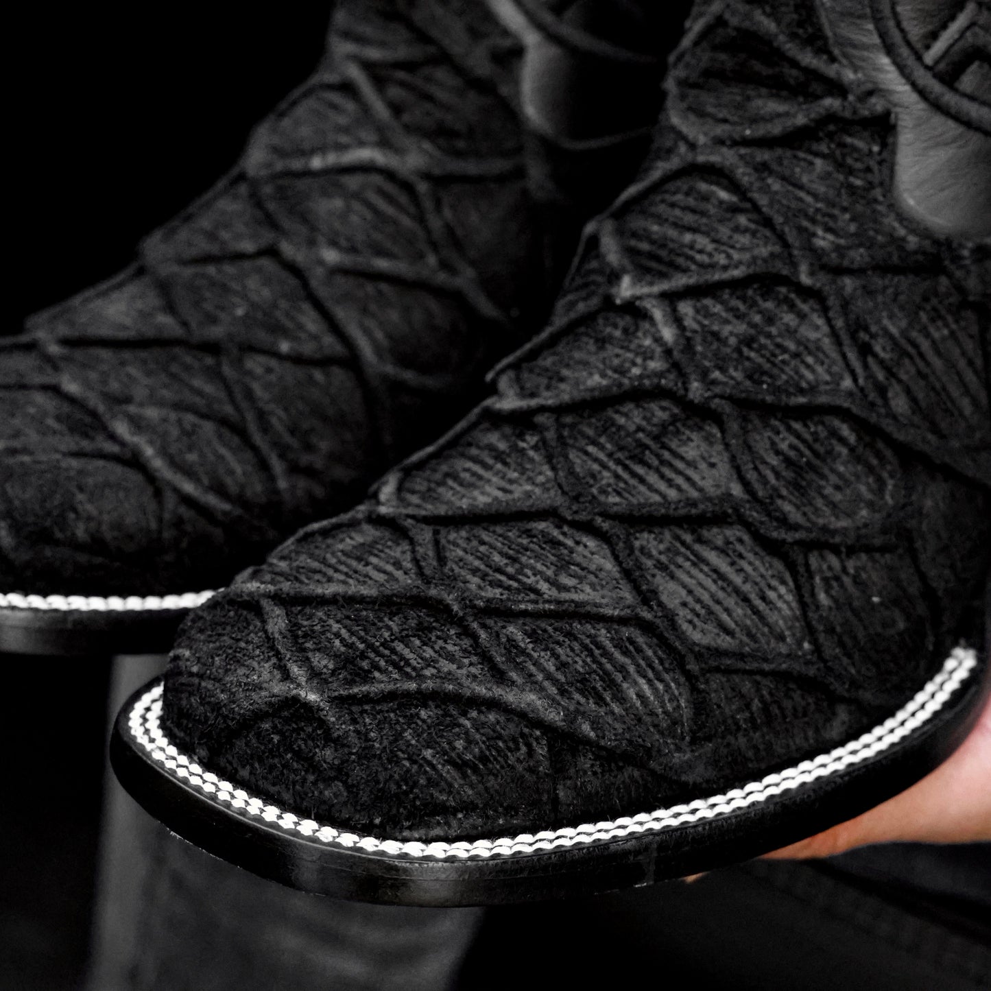 Black Rough-Out Pirarucu Leather Boots - Square Toe