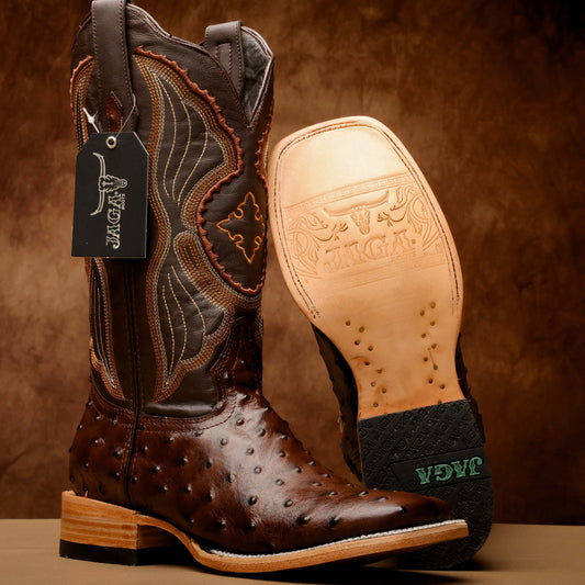 Chocolate Brown Ostrich Leather Boots - Square Toe