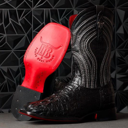 Black Caiman Neck Leather Boots - Square Toe