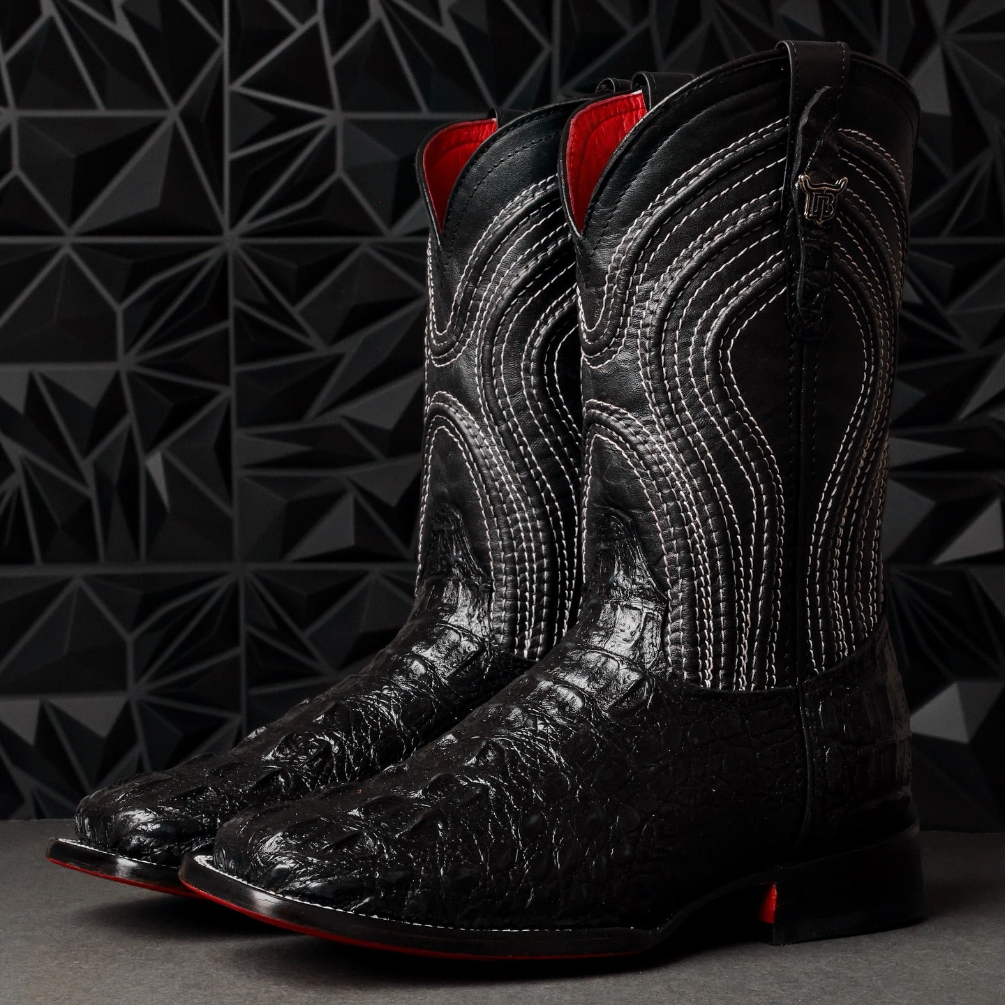 Black Caiman Neck Leather Boots - Square Toe
