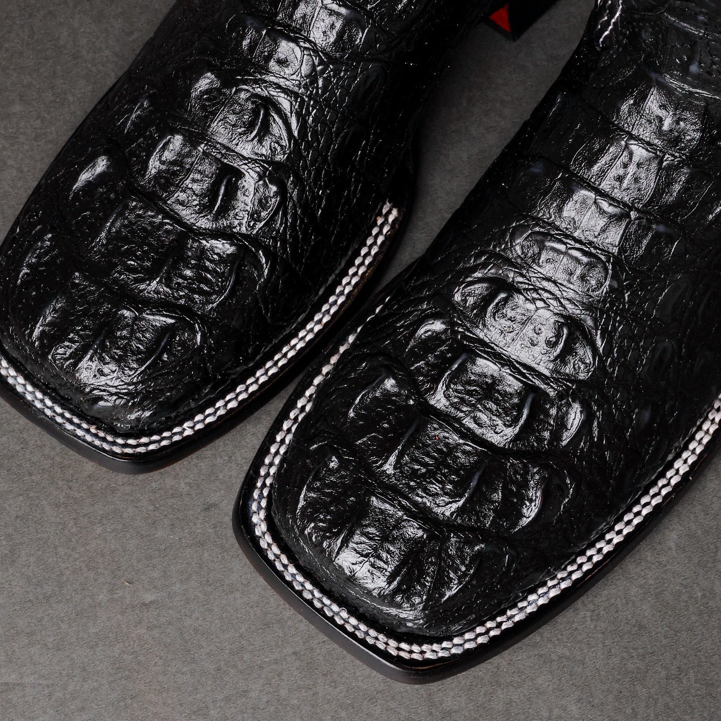Black Caiman Neck Leather Boots - Square Toe