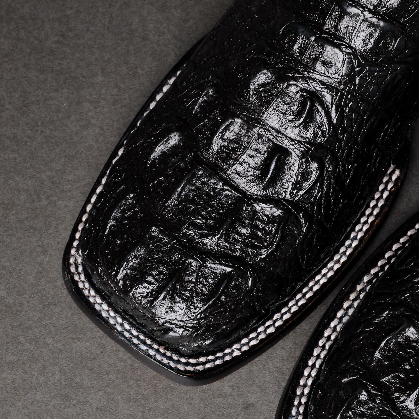 Black Caiman Neck Leather Boots - Square Toe