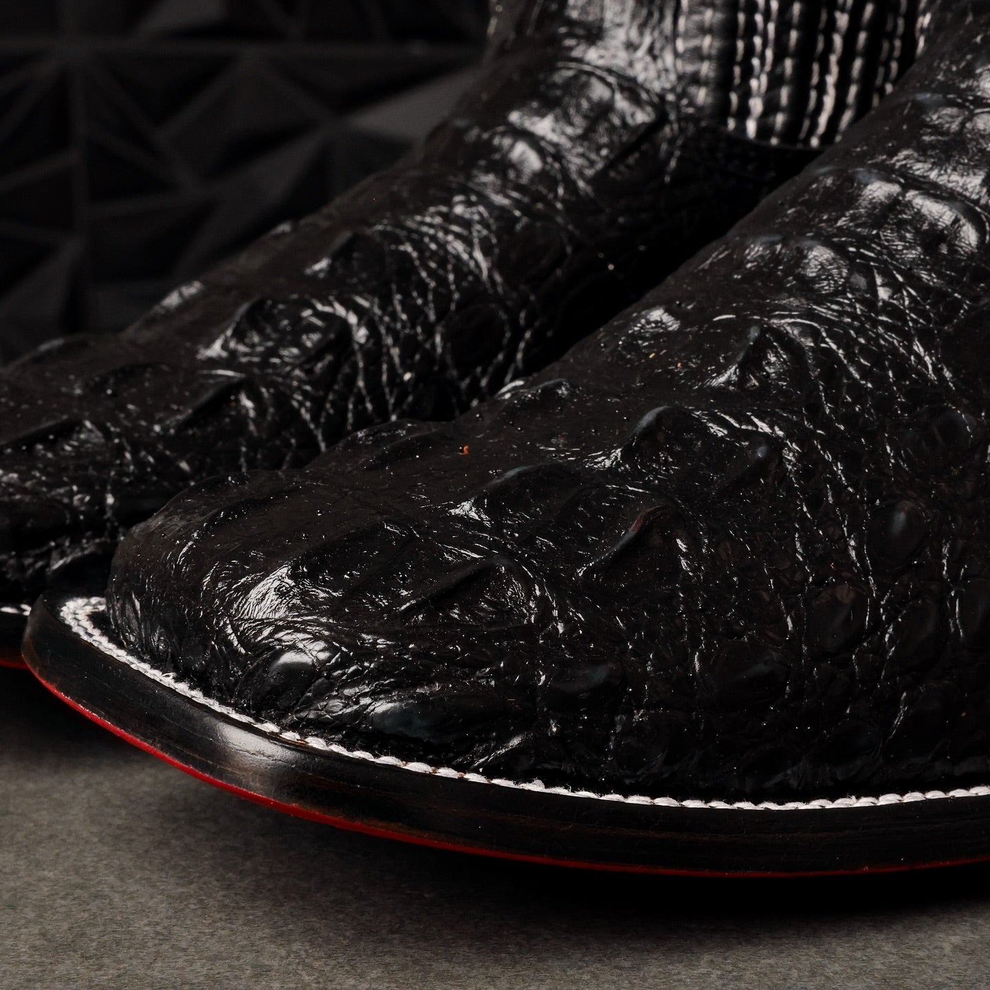 Black Caiman Neck Leather Boots - Square Toe