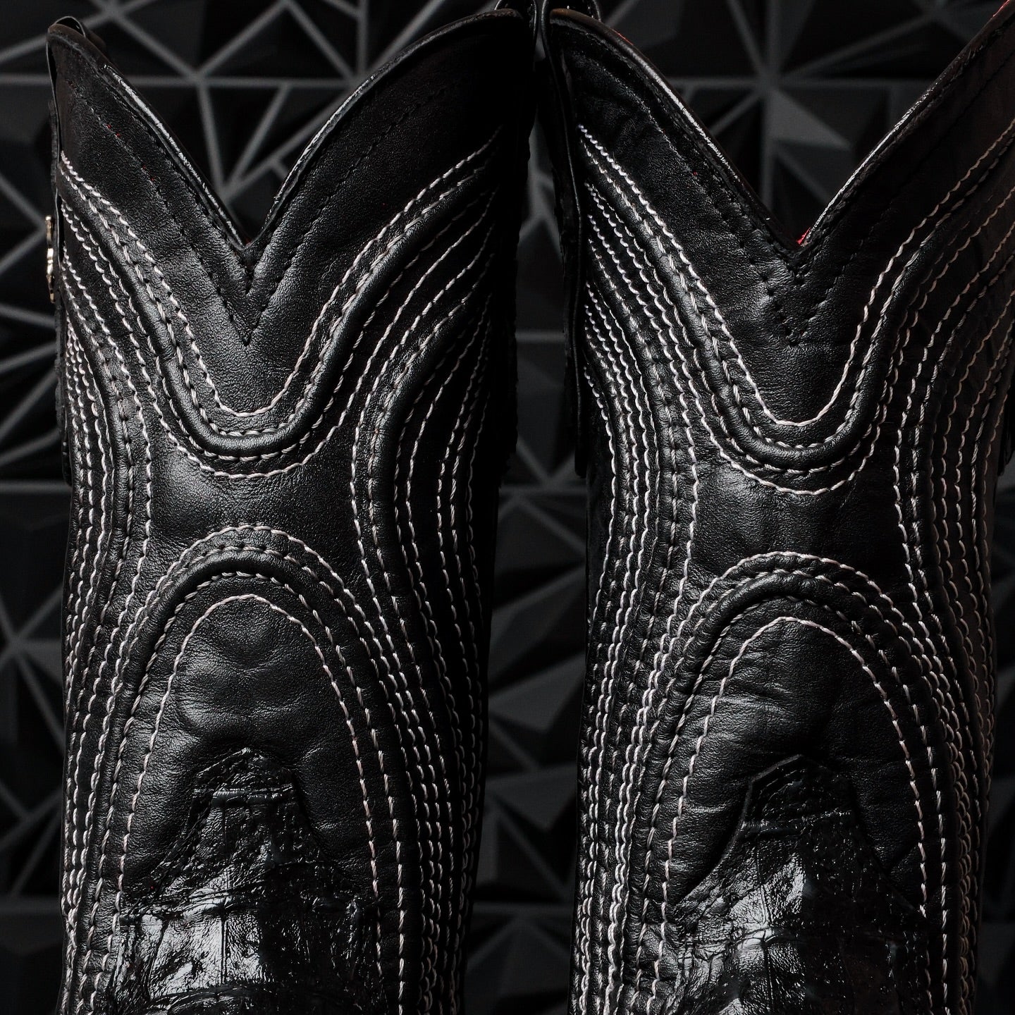 Black Caiman Neck Leather Boots - Square Toe