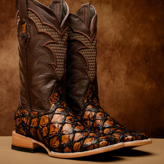 Honey Cognac Jumbo Pirarusu Leather Boots - Square Toe