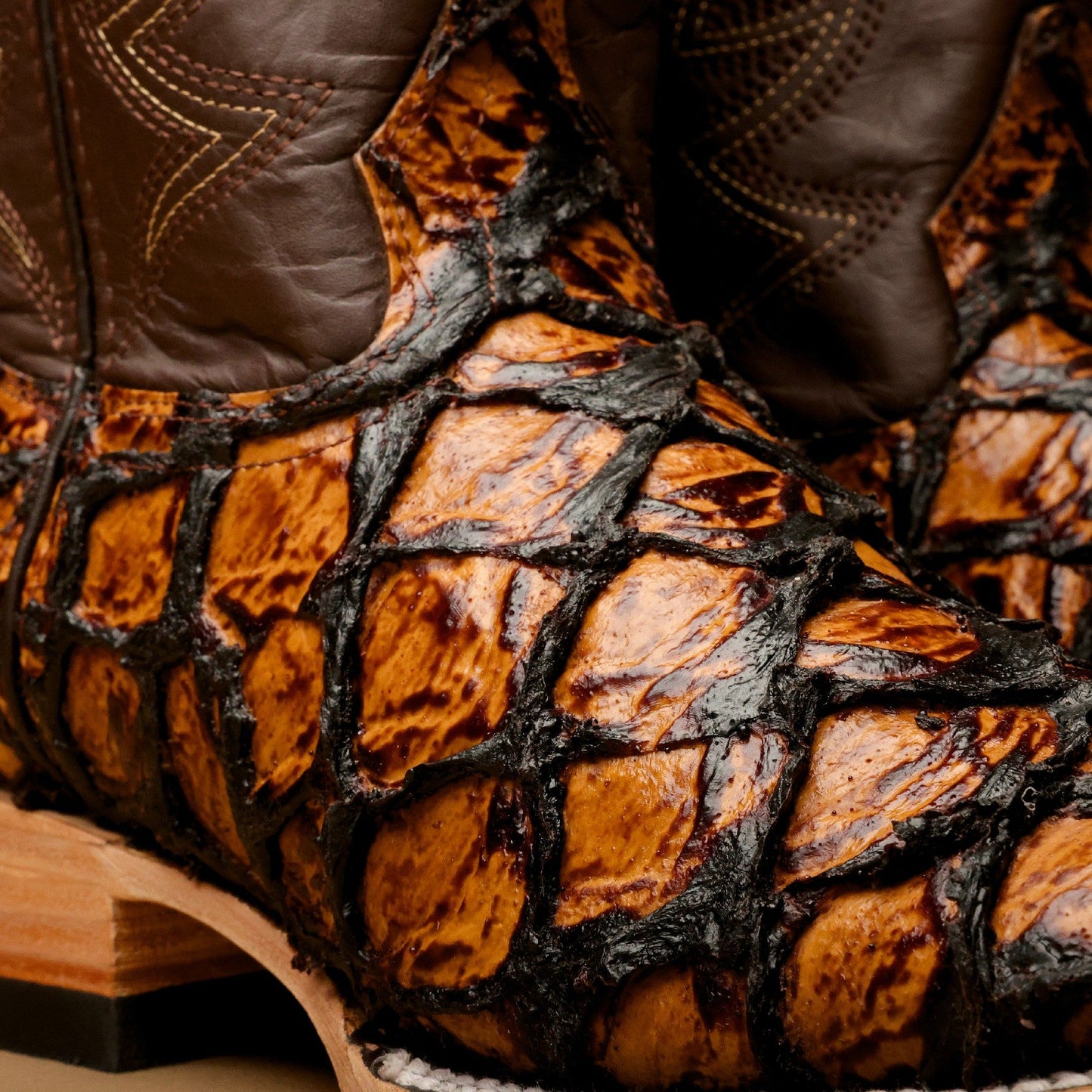 Honey Cognac Jumbo Pirarusu Leather Boots - Square Toe