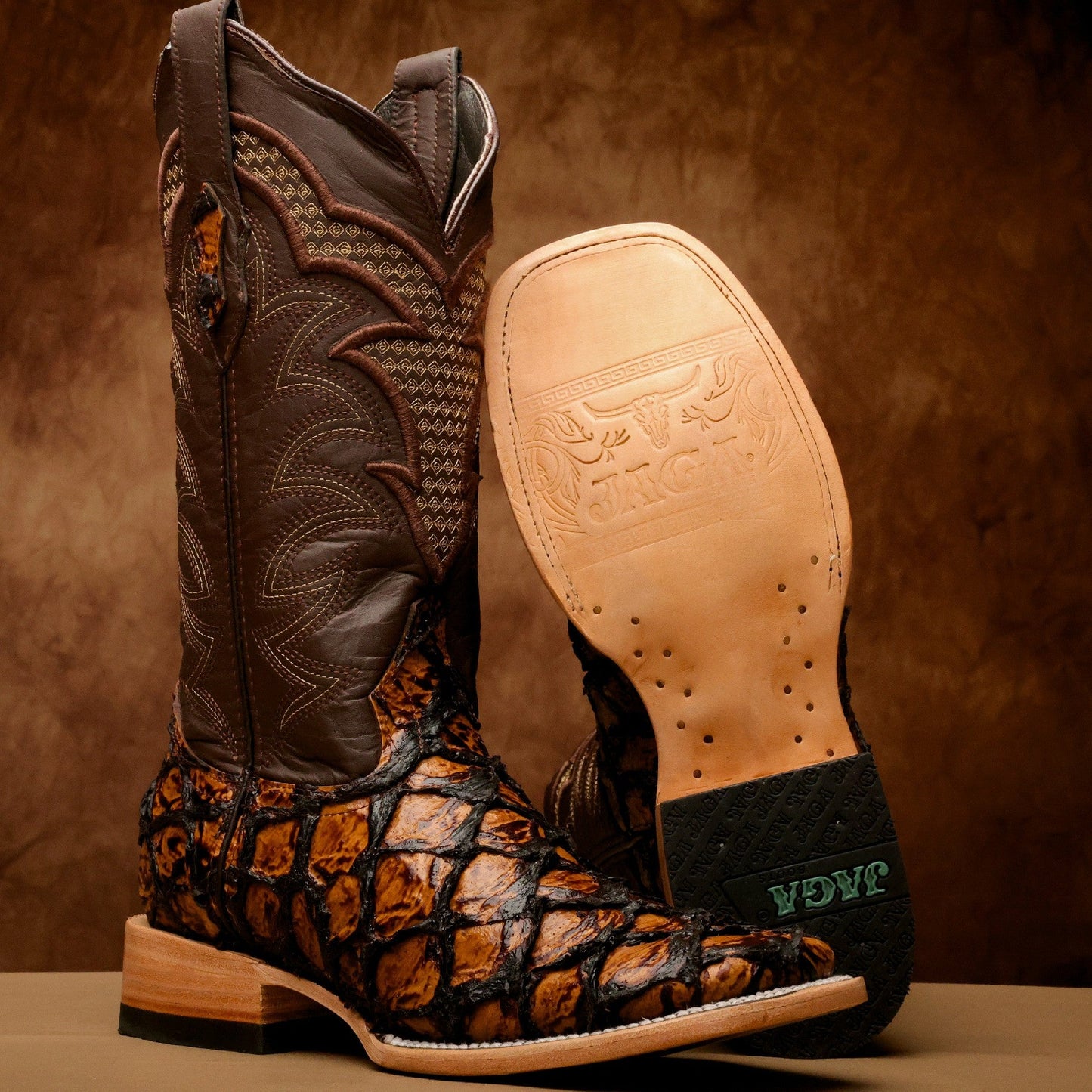 Honey Cognac Jumbo Pirarusu Leather Boots - Square Toe