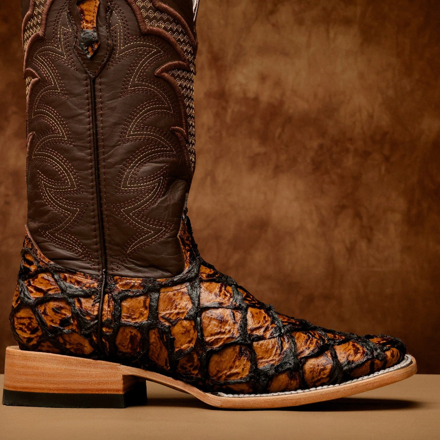 Honey Cognac Jumbo Pirarusu Leather Boots - Square Toe