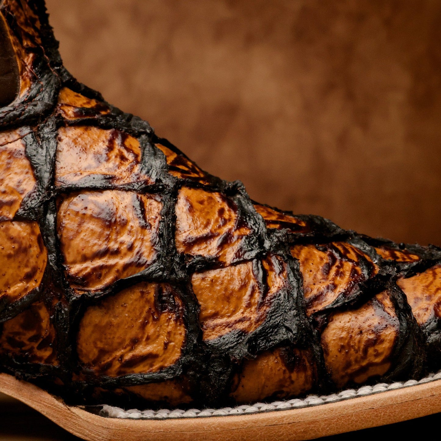 Honey Cognac Jumbo Pirarusu Leather Boots - Square Toe